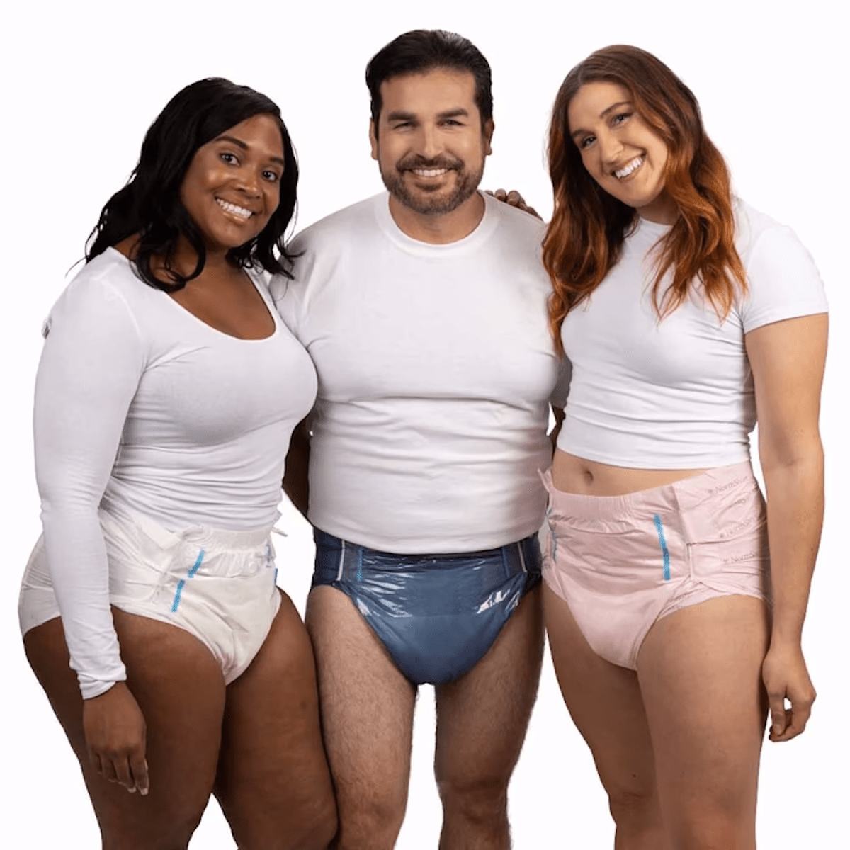White tab-style adult briefs on three people, full-body front view