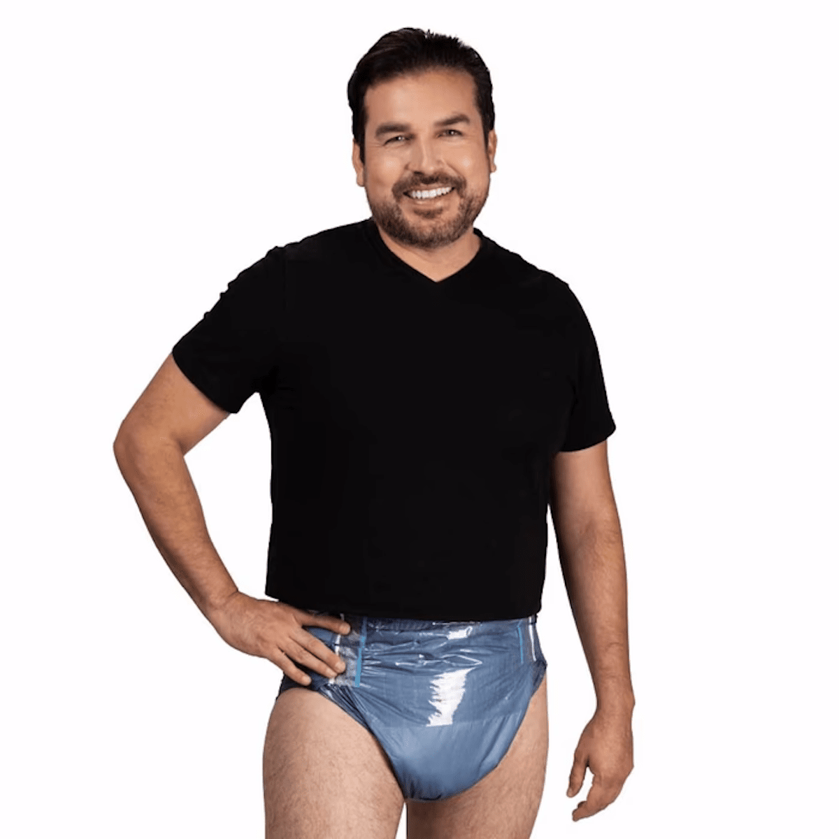 Blue tab-style adult brief on man in black shirt, front view
