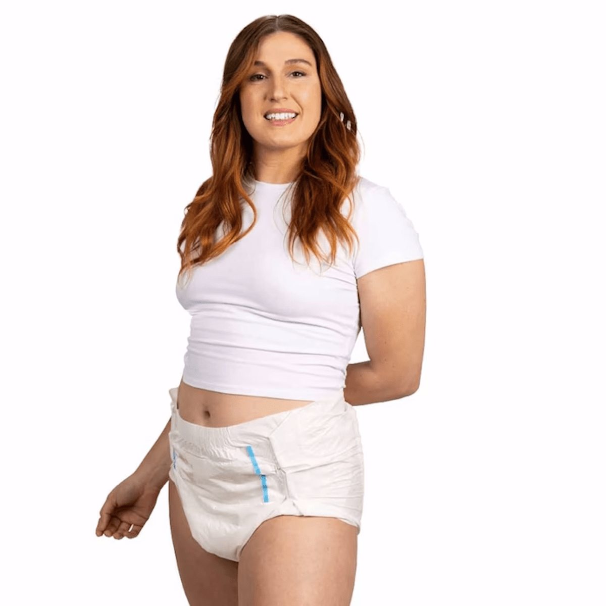 White tab-style adult brief on woman, front view
