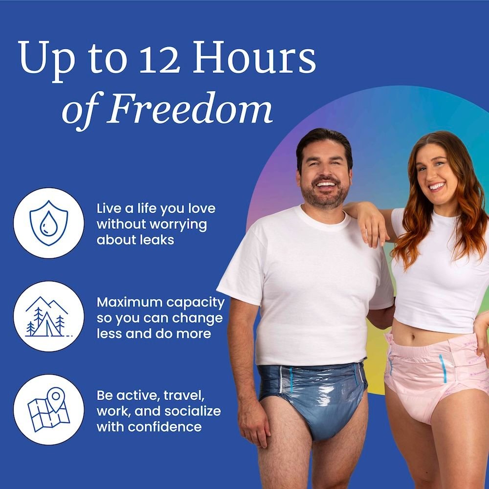 Adults wearing tab-style briefs: man in white, woman in pink
