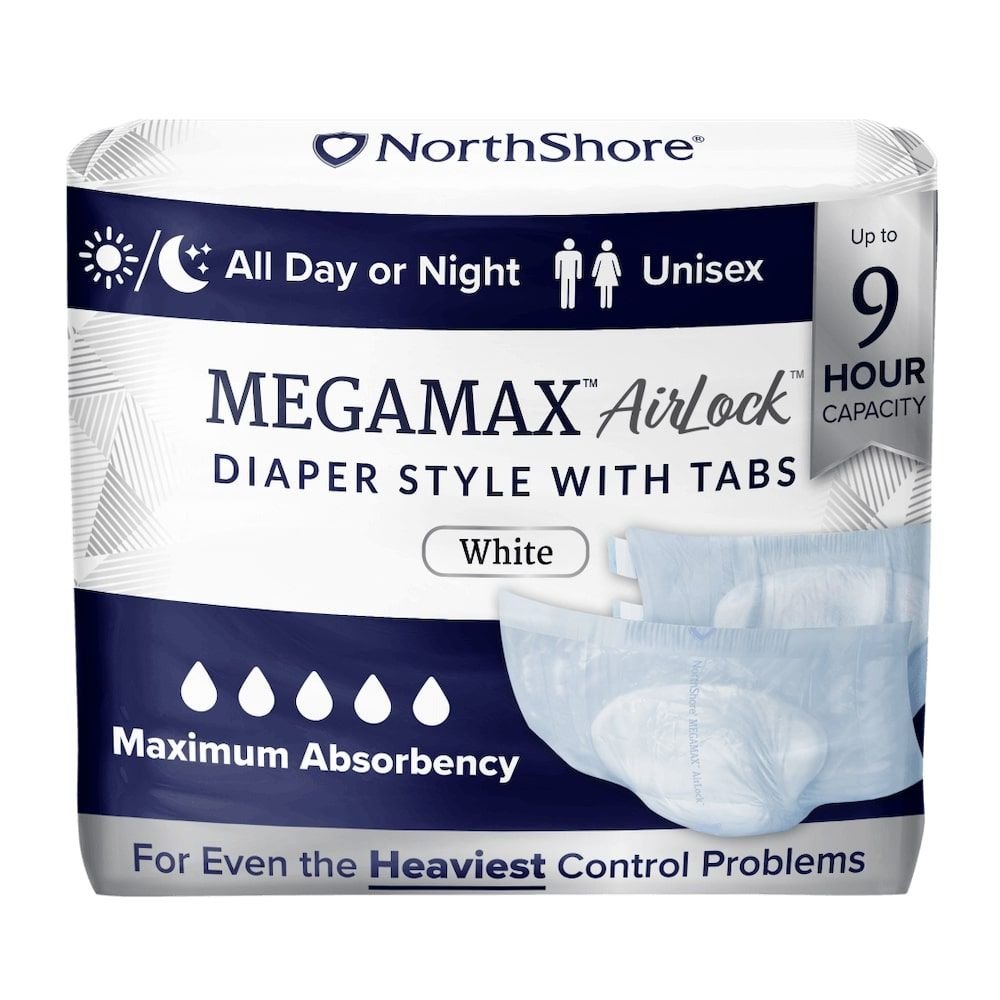 MEGAMAX AirLock diaper style with tabs, white; all day or night unisex, 9 hour capacity