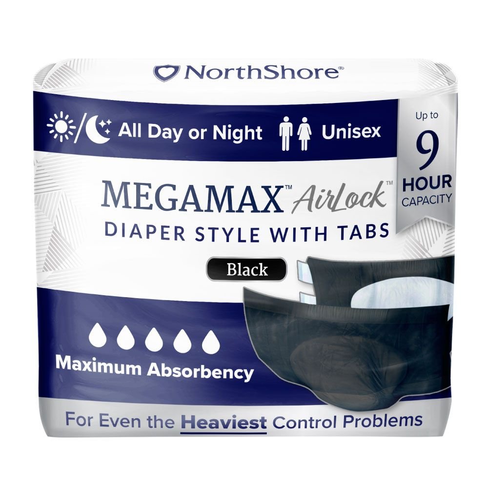 MEGAMAX AirLock diaper style with tabs, black; all day or night unisex, 9 hour capacity