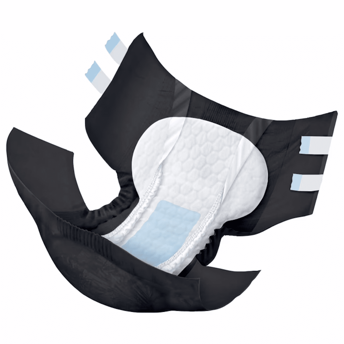 Black AirLock tab-style briefs with absorbent core and re-fastenable side tabs