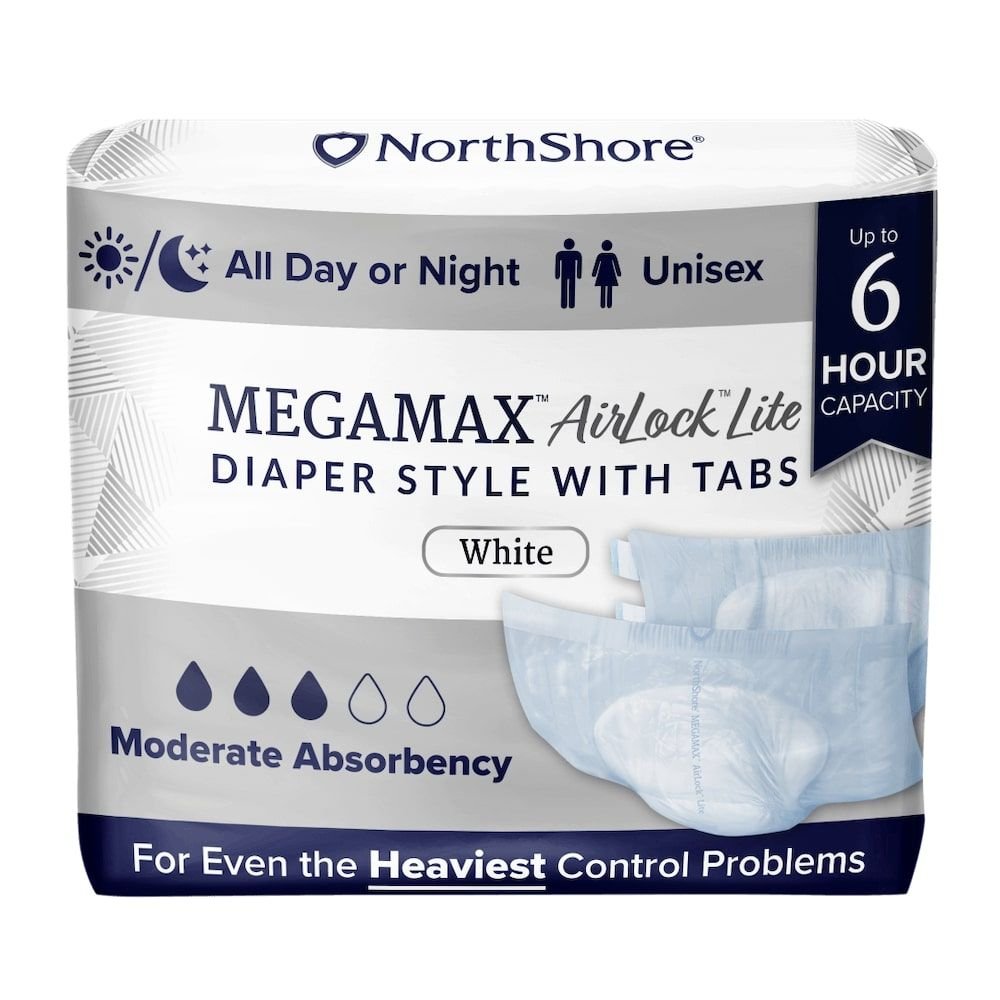MEGAMAX AirLock Lite adult diaper, white tab-style, moderate absorbency, up to 6 hours