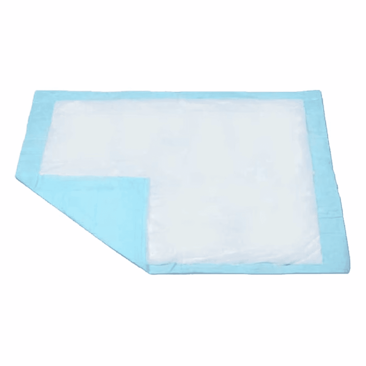 Disposable underpad with light blue border, rectangular absorbent sheet