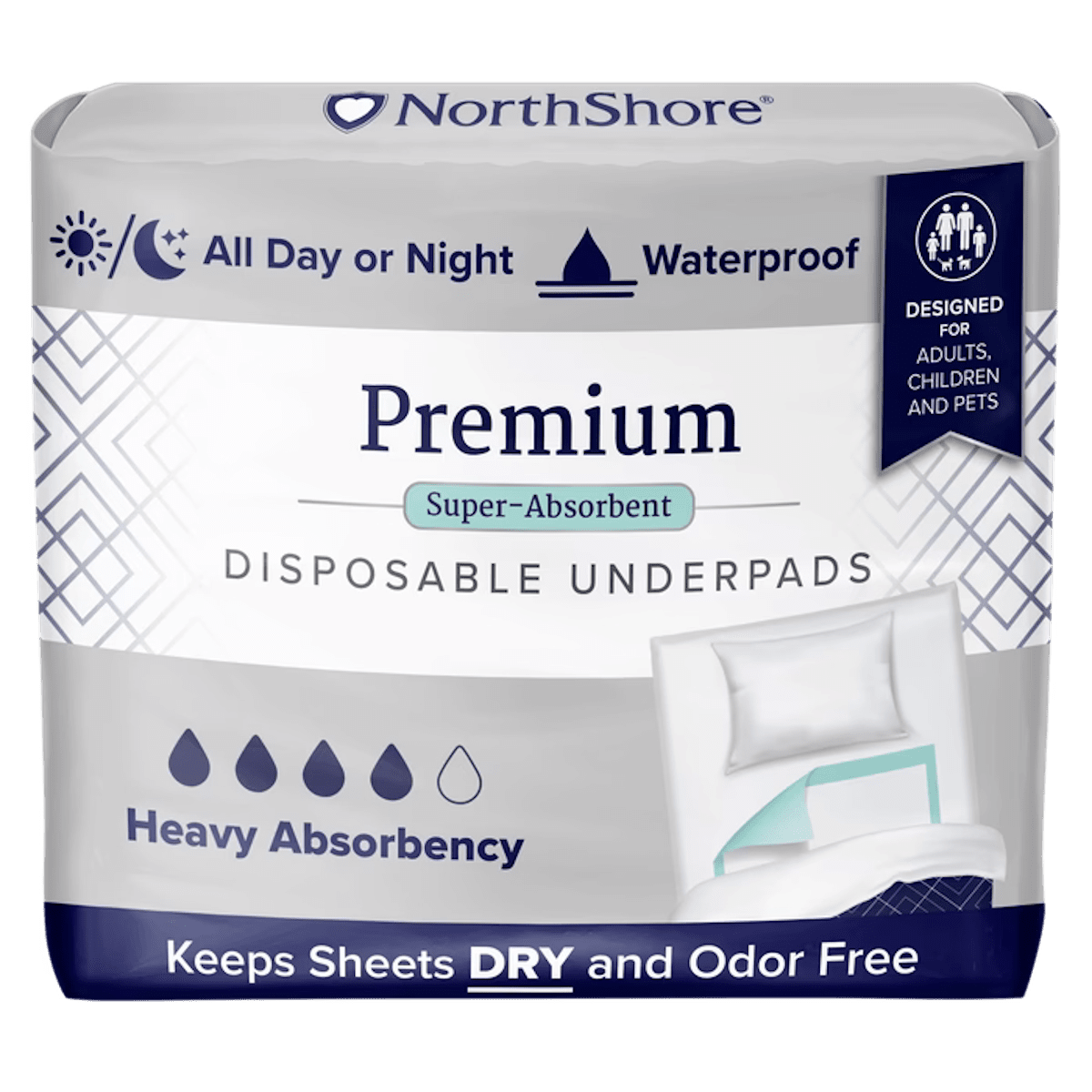 NorthShore Premium disposable underpads pack, waterproof, heavy absorbency, super-absorbent