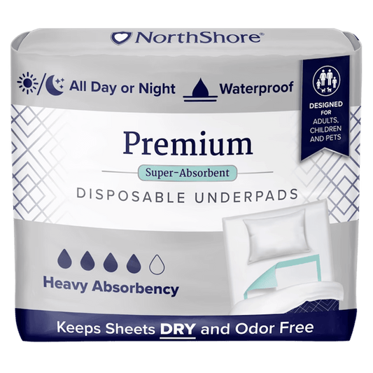 NorthShore Premium disposable underpads pack, waterproof, heavy absorbency, super-absorbent