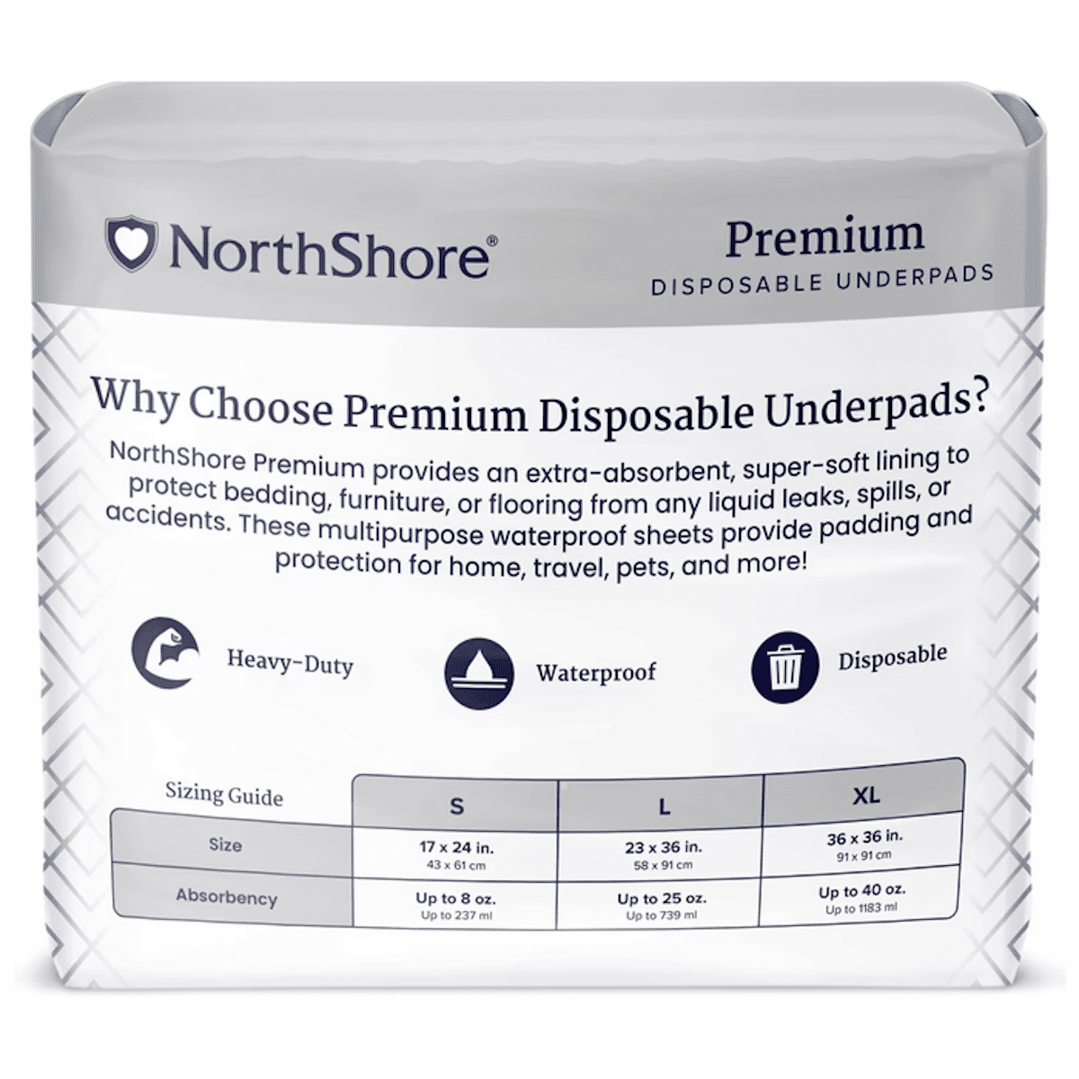 NorthShore Premium disposable underpads box with sizing guide and absorbency info