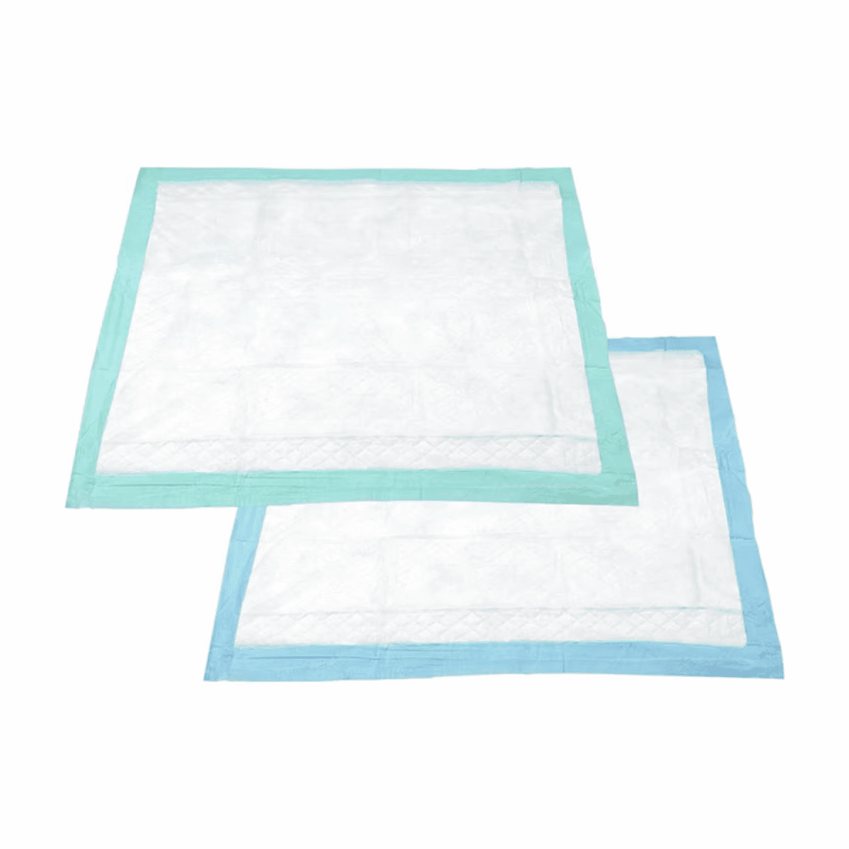 Two disposable underpads stacked, white absorbent sheets with light blue edges