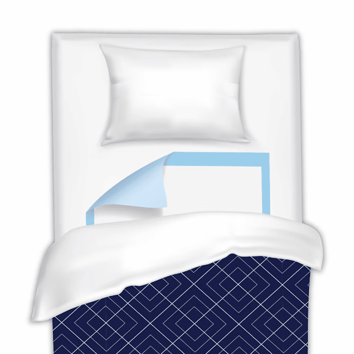 Disposable underpad placed on bed mattress, white absorbent layer with blue border