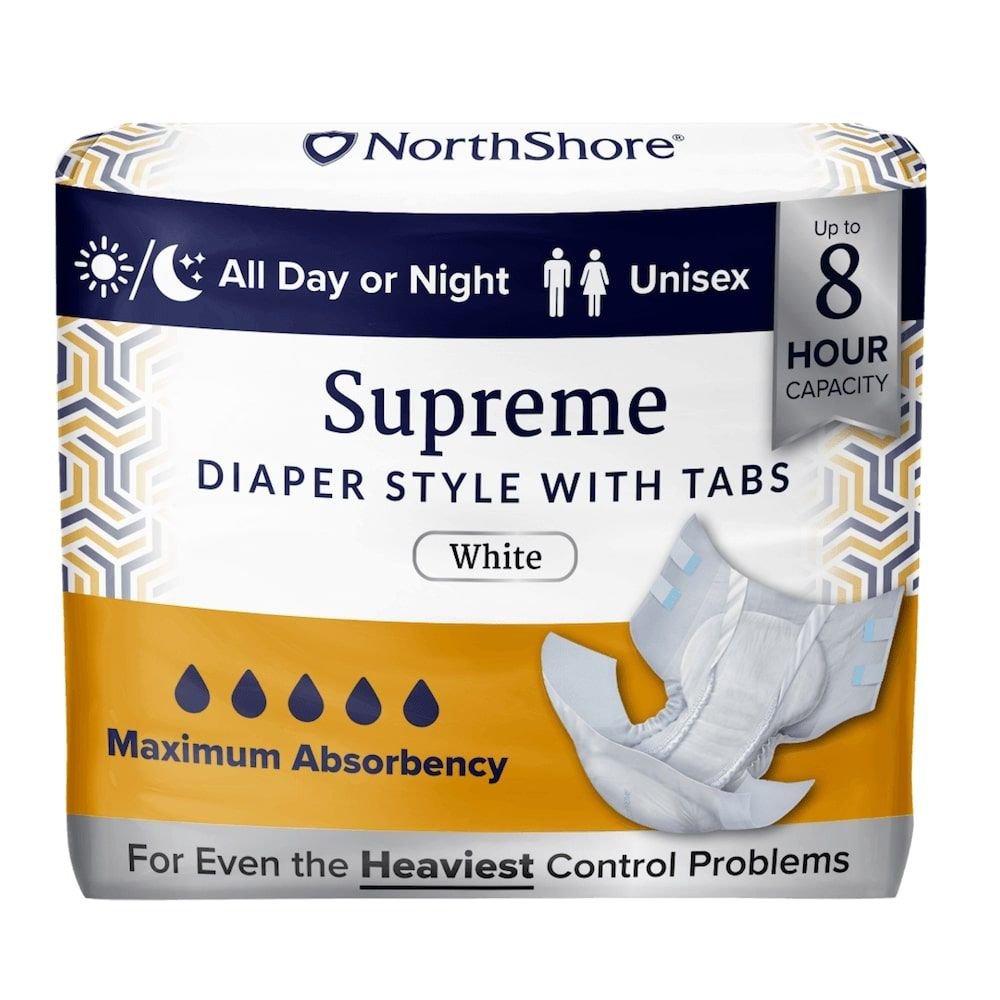 White Supreme diaper style briefs with tabs, up to 8 hour capacity package