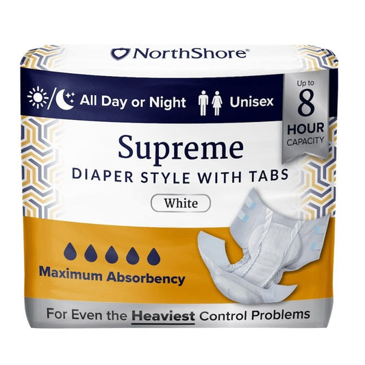 White Supreme diaper style briefs with tabs, up to 8 hour capacity package