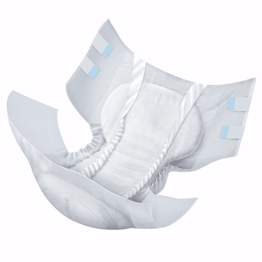 White adult diaper brief with blue tab fasteners and elastic leg cuffs