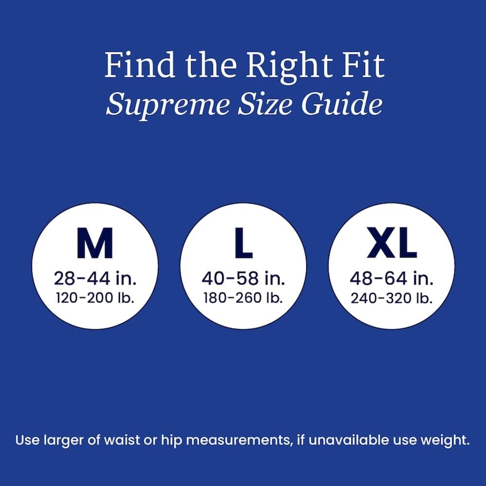 Supreme size guide: M 28-44 in, L 40-58 in, XL 48-64 in