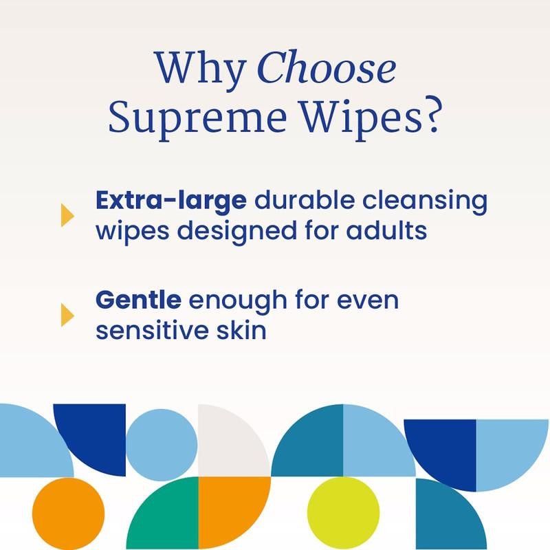 Infographic text: extra-large durable cleansing wipes for adults; gentle for sensitive skin