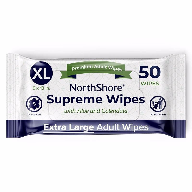 NorthShore Supreme extra-large adult cleansing wipes, XL 9 x 13 in, 50 wipes
