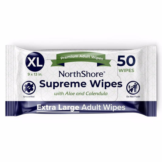 NorthShore Supreme extra-large adult cleansing wipes, XL 9 x 13 in, 50 wipes