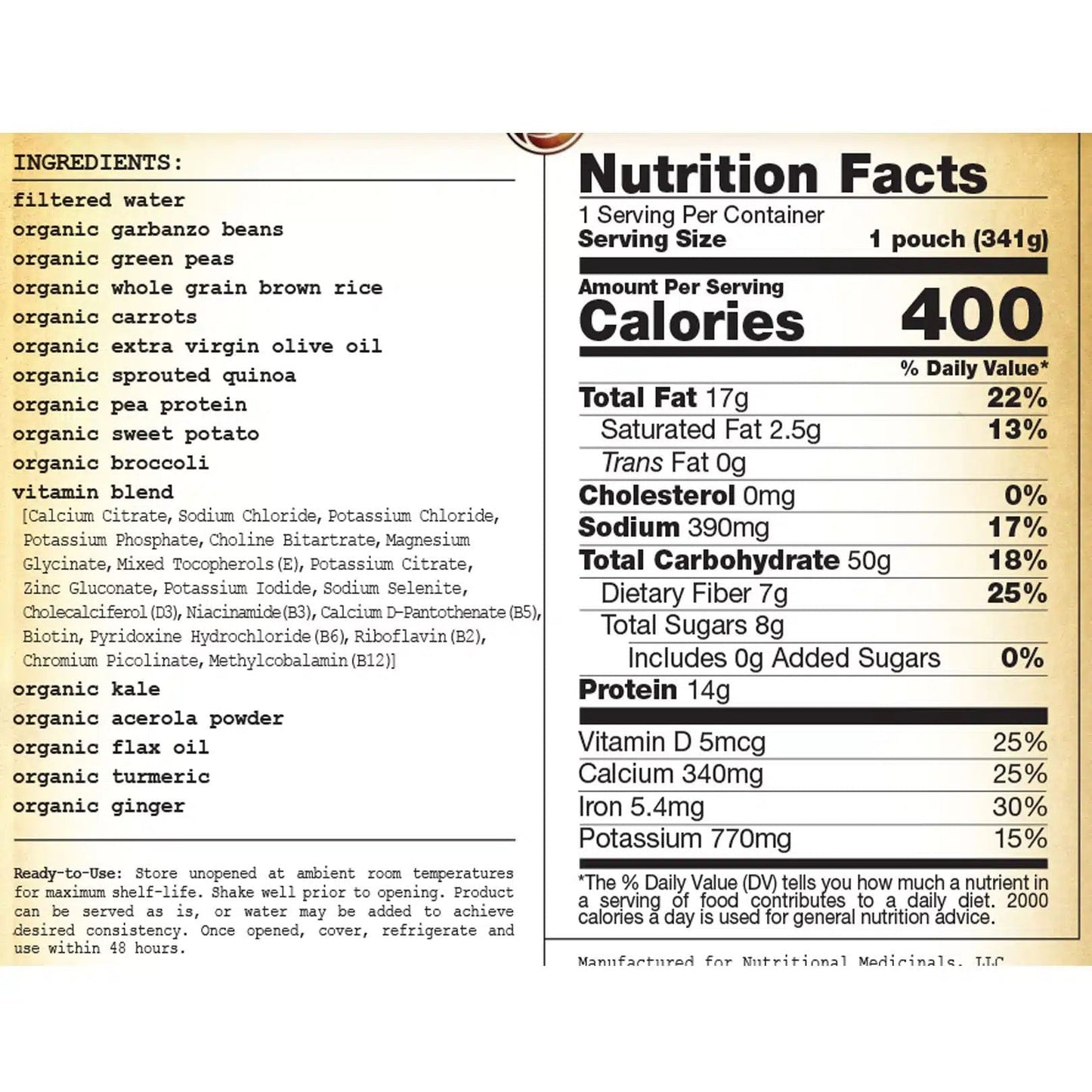 Close-up nutrition facts: 400 calories, 14 g protein, 50 g total carbohydrate
