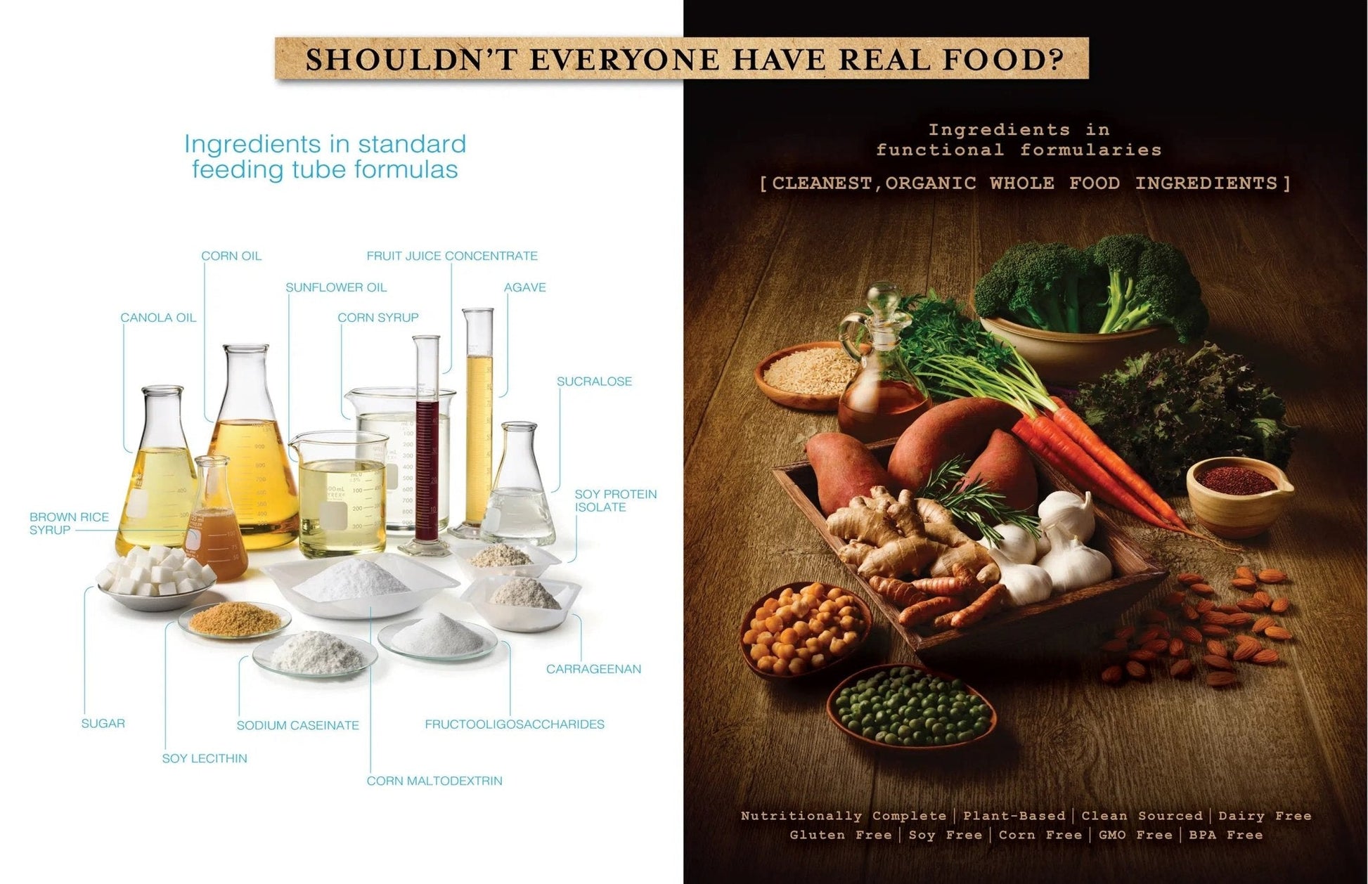 Ingredients comparison infographic: organic whole-food formula vs standard feeding tube ingredients