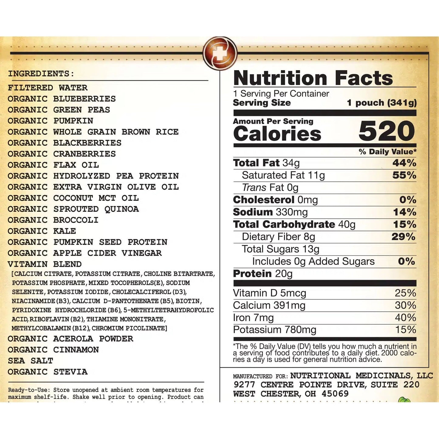 Nutrition Facts panel for Berry Medley peptide formula, 1 pouch (341 g)