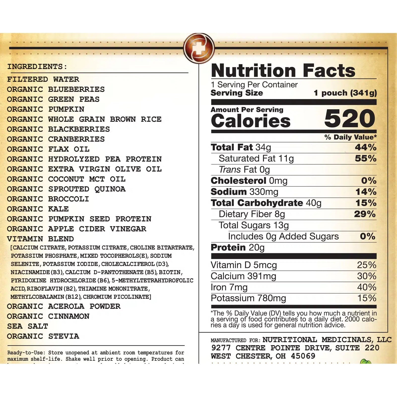 Nutrition Facts panel for Berry Medley peptide formula, 1 pouch (341 g)