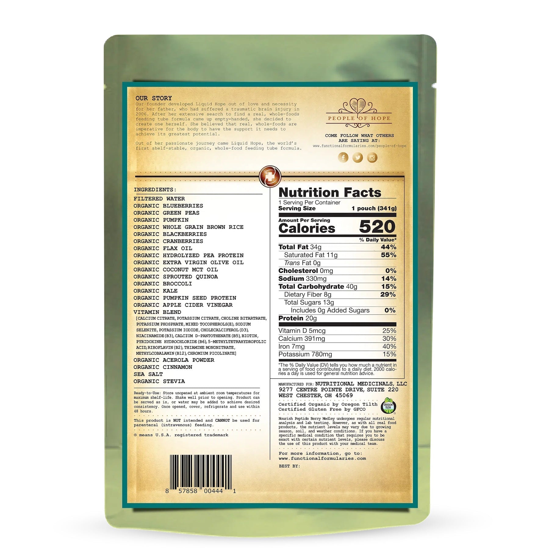 Back of Berry Medley pouch with Nutrition Facts and ingredients list