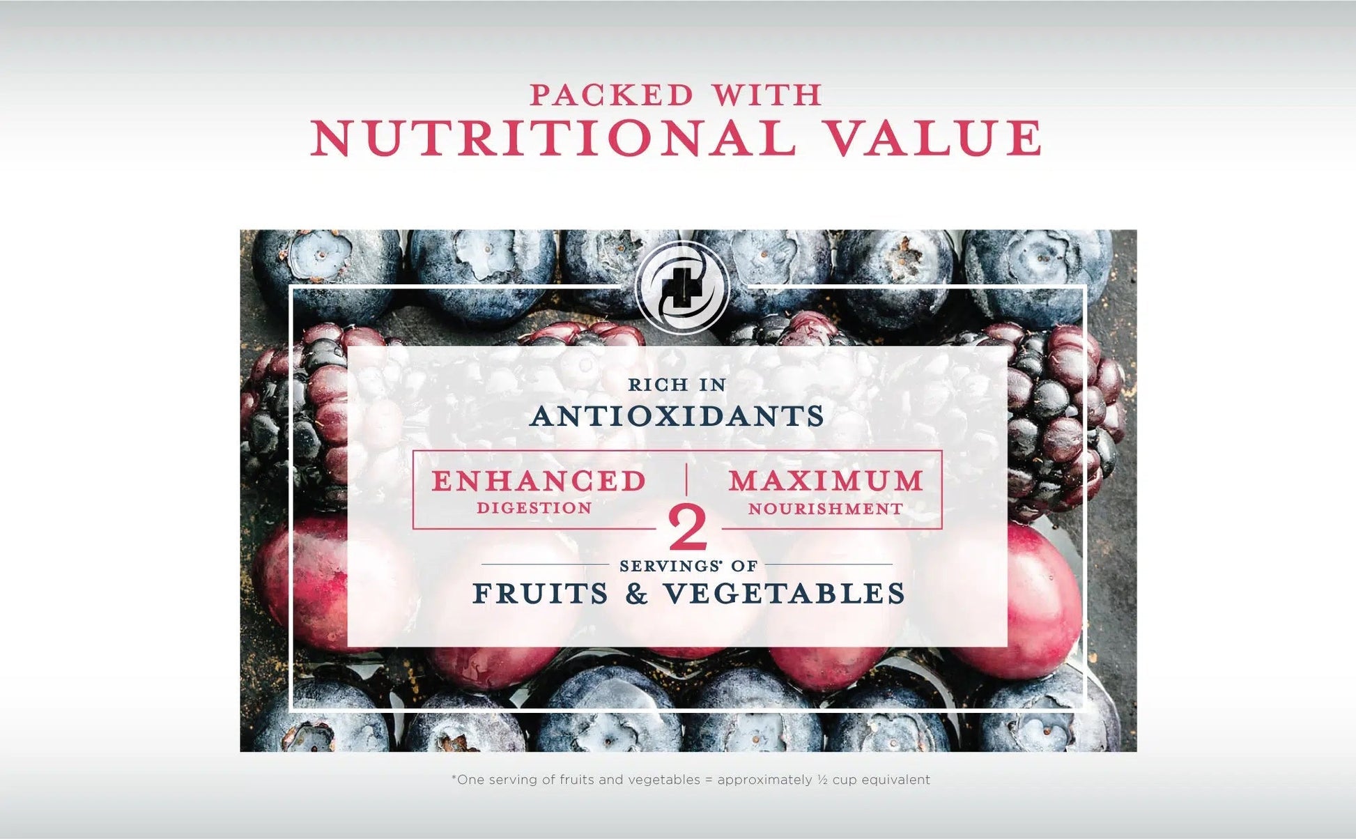 Nutritional value graphic for Berry Medley: antioxidants, enhanced digestion, fruit & veg