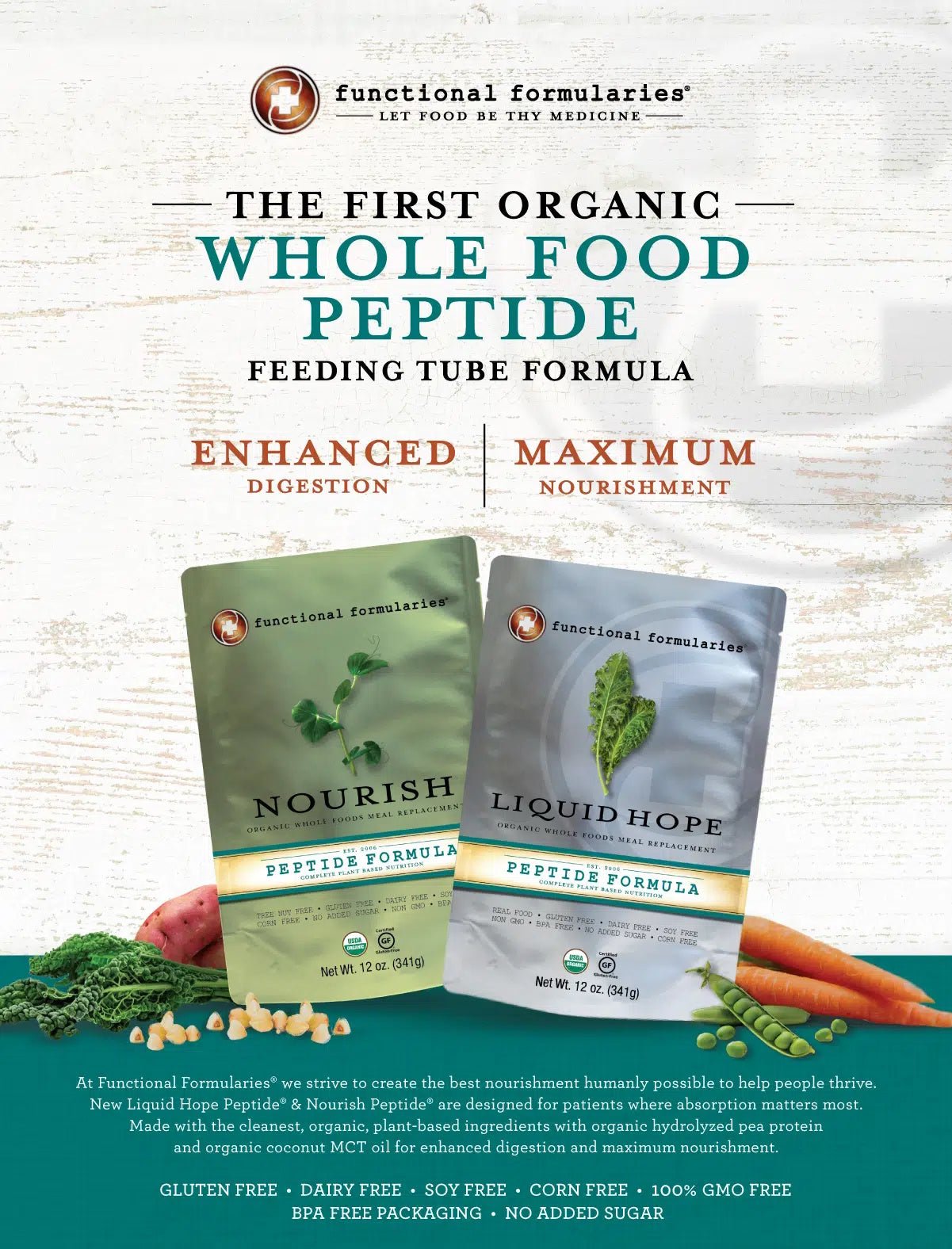 Organic whole-food peptide feeding tube formula packaging with Nourish pouch