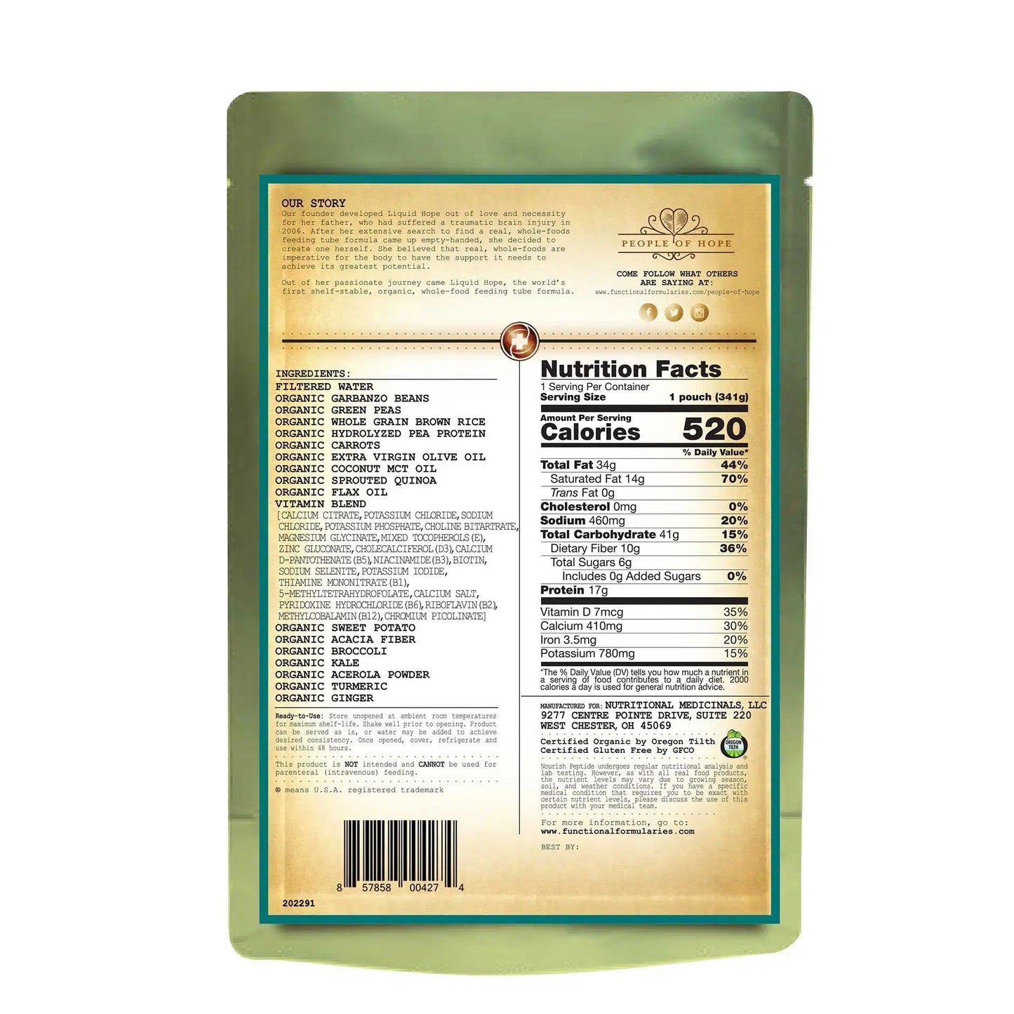 Back panel of peptide formula pouch with Nutrition Facts and ingredients