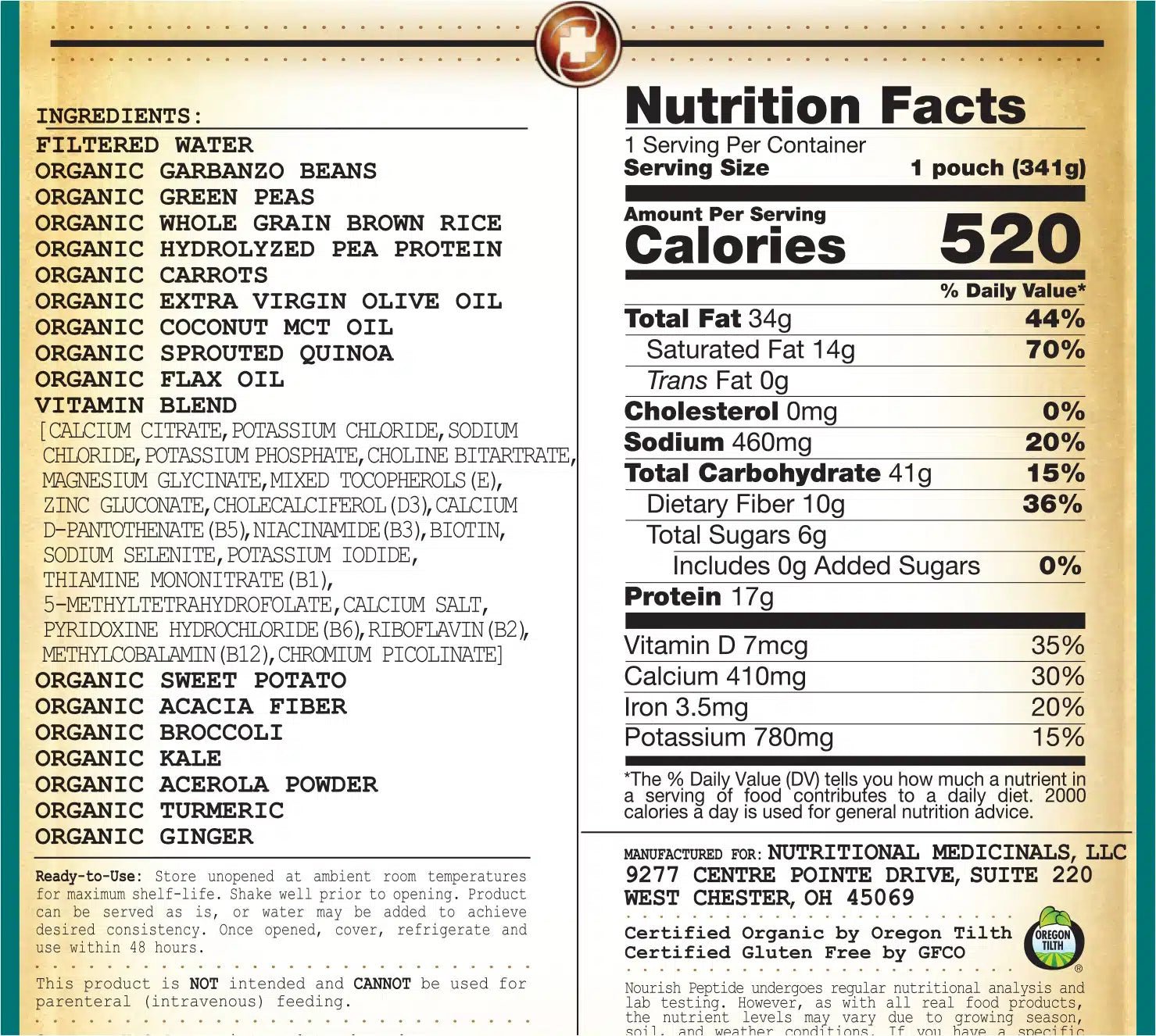 Nutrition Facts for peptide formula pouch: 520 calories per pouch (341 g)