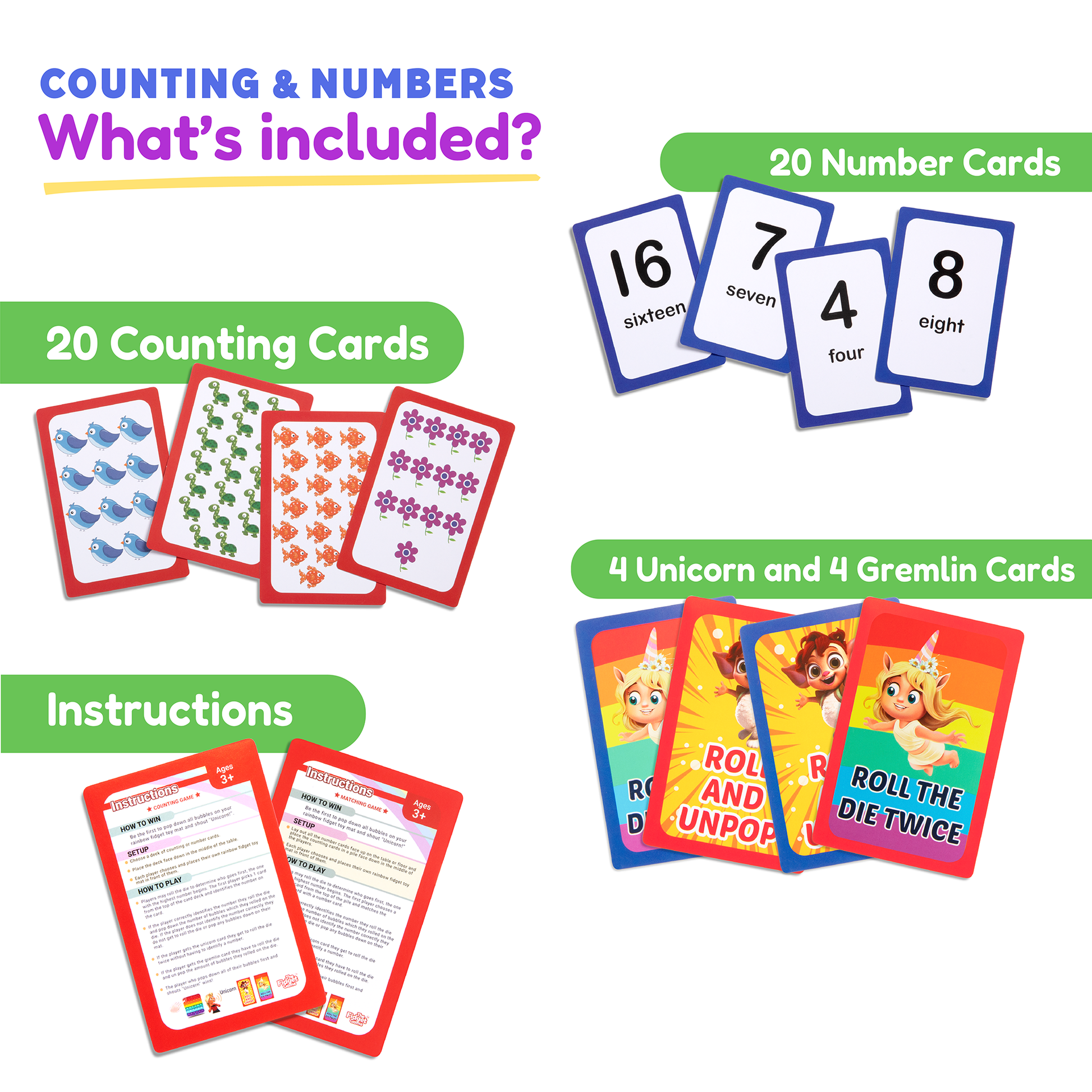 Counting and numbers card pack with 20 number cards, counting cards, and instructions