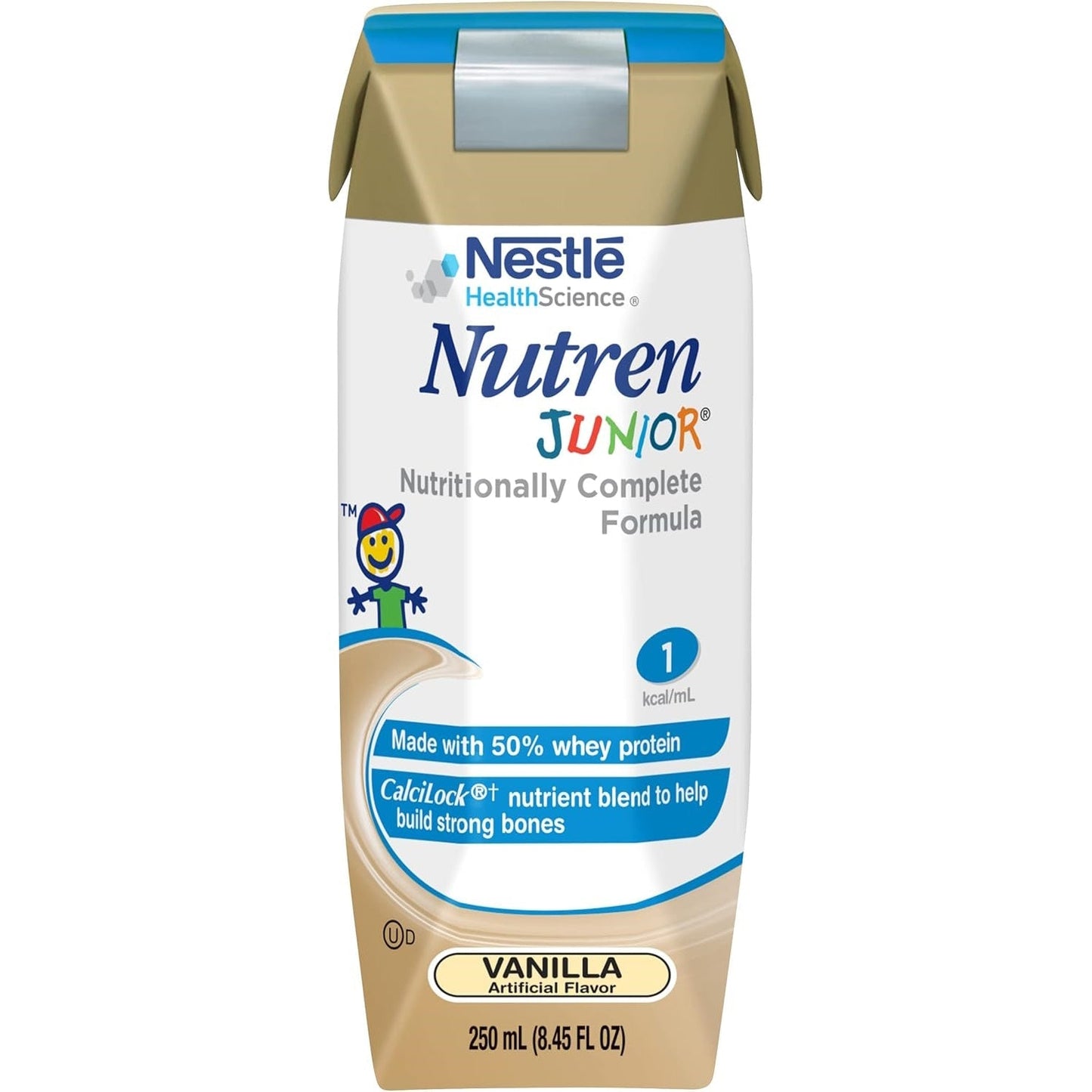 Nutren Junior vanilla pediatric formula, 250 mL bottle front label
