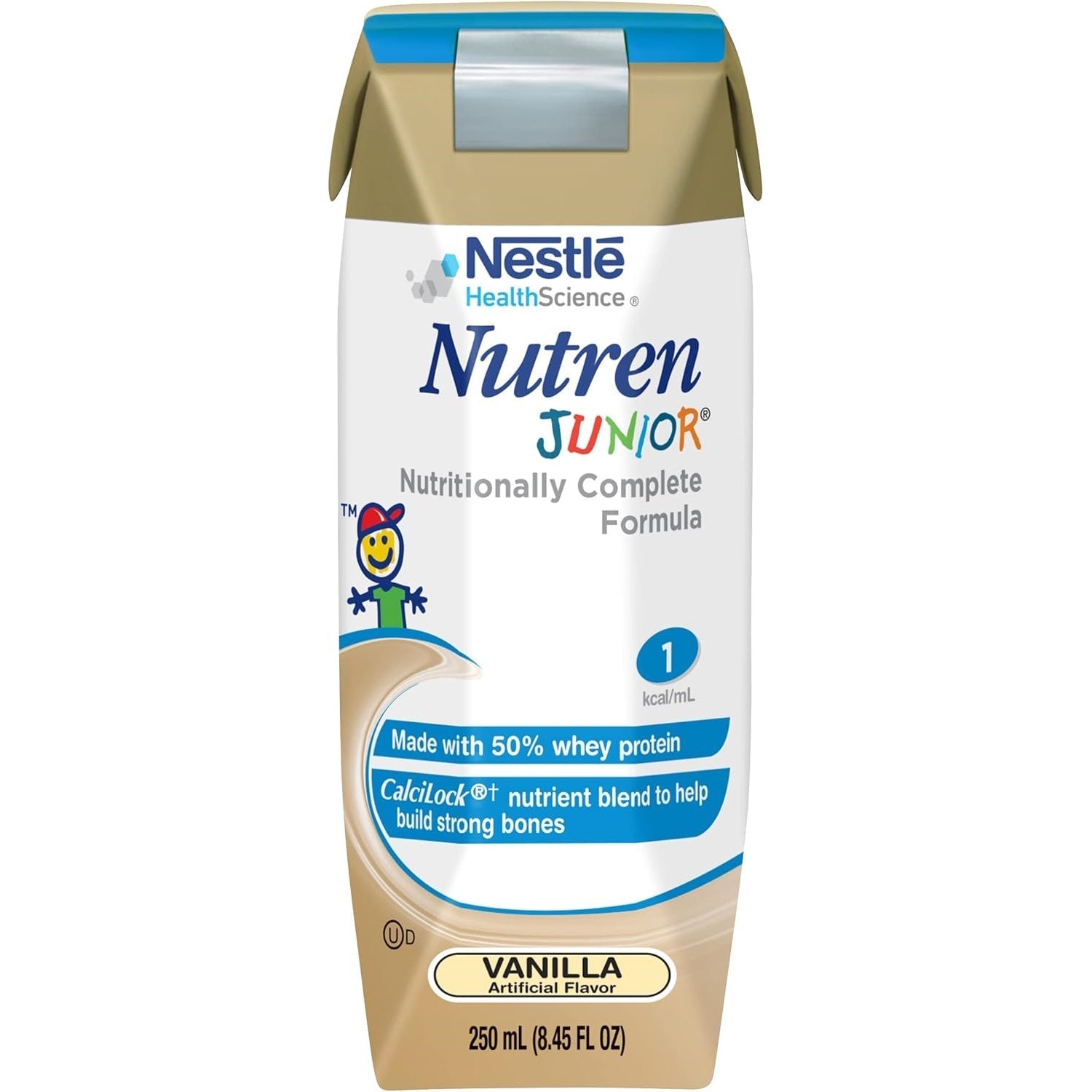 Nutren Junior vanilla pediatric formula, 250 mL bottle front label