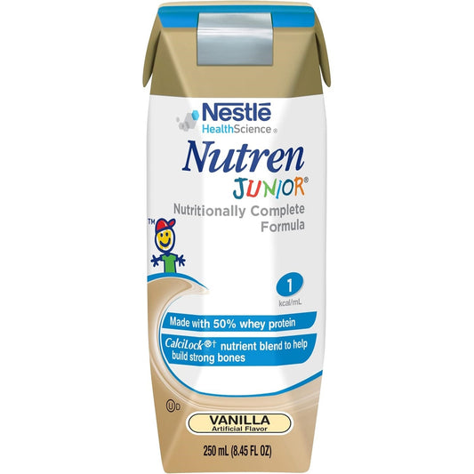 Nutren Junior vanilla pediatric formula, 250 mL bottle front label