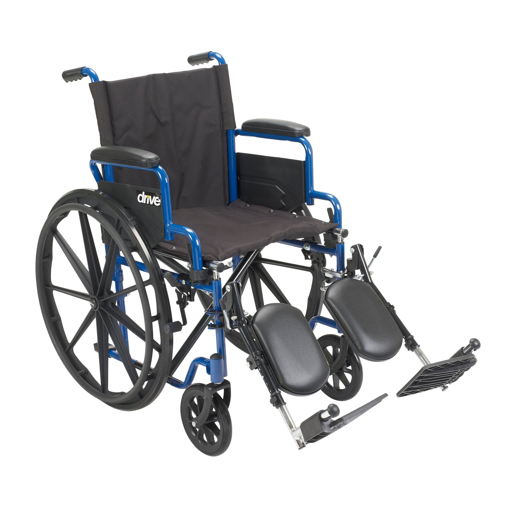 Blue wheelchair with flip-back desk arms, elevating leg rests, black seat and back, 16 in.