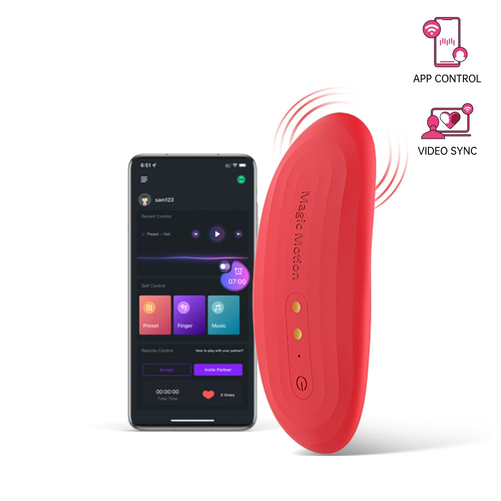Red oval smart vibrator controller next to a phone app screen for control