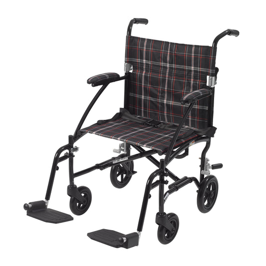 Black transport wheelchair with plaid seat and back, padded armrests and swing-away footrests