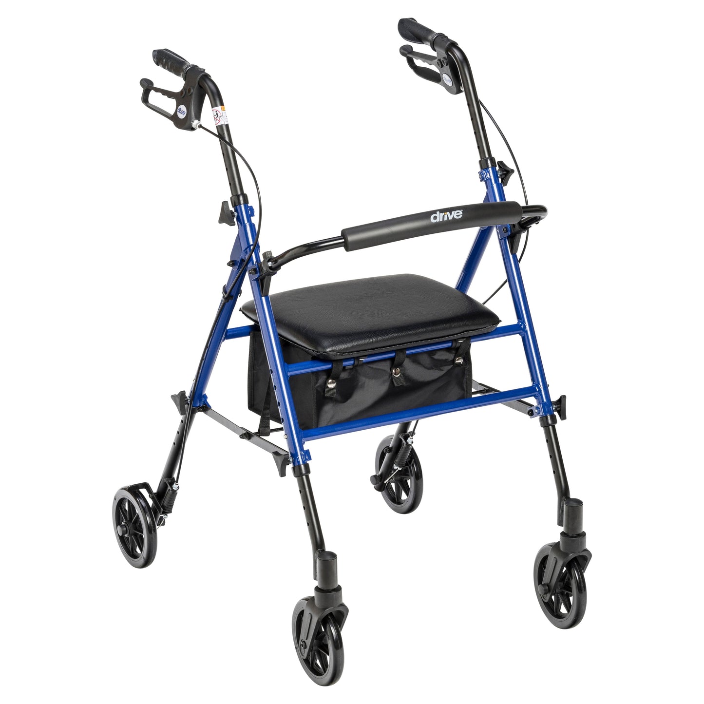 Blue rollator walker with padded seat, armrests, and four large rolling wheels