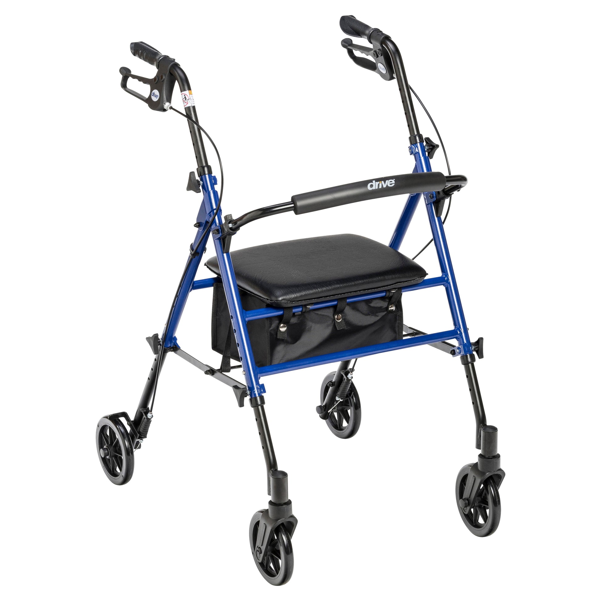 Blue rollator walker with padded seat, armrests, and four large rolling wheels