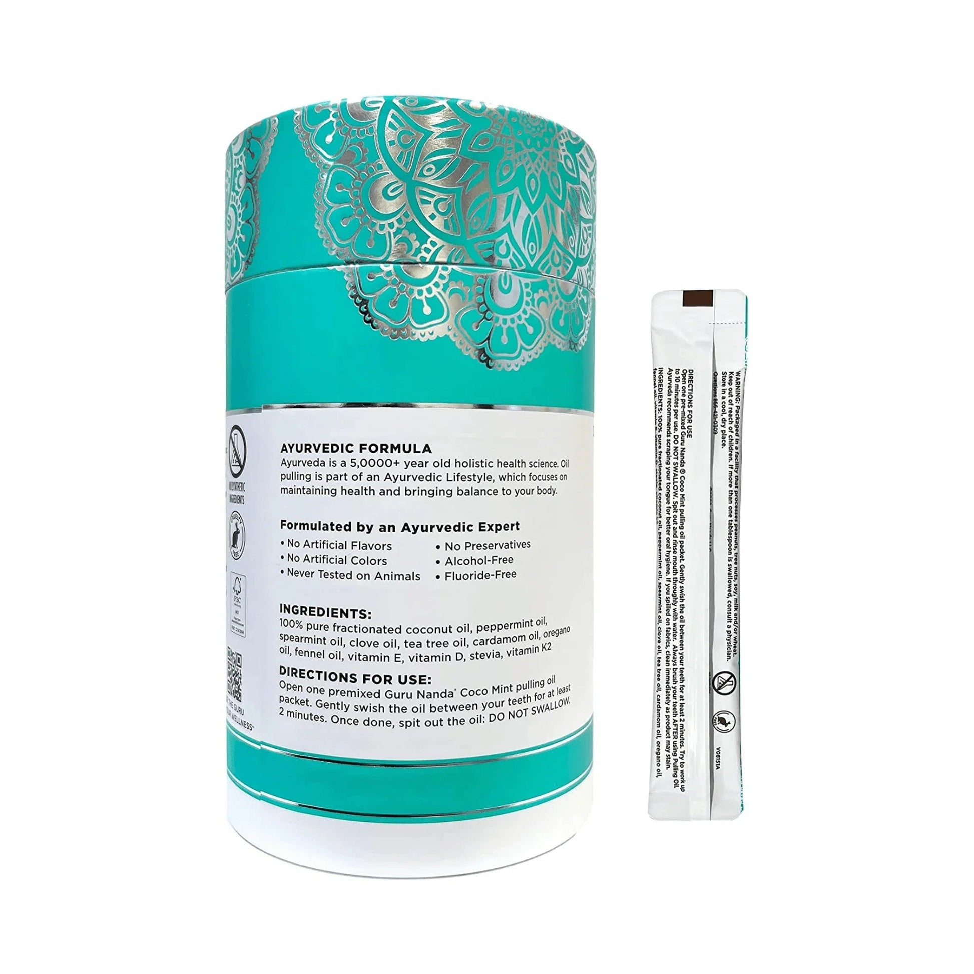 Turquoise Guru Nanda oil pulling travel sachets container with sachet stick