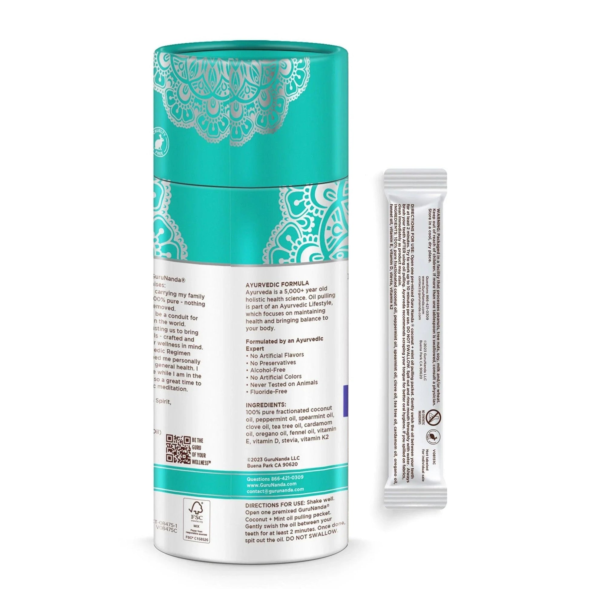 Teal travel container with back label and one Cocomint oil pulling sachet