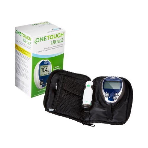 OneTouch Ultra 2 glucose meter with test strip in black storage pouch