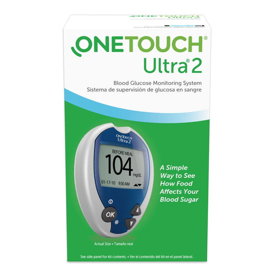 OneTouch Ultra 2 blood glucose meter kit box with meter display showing 104
