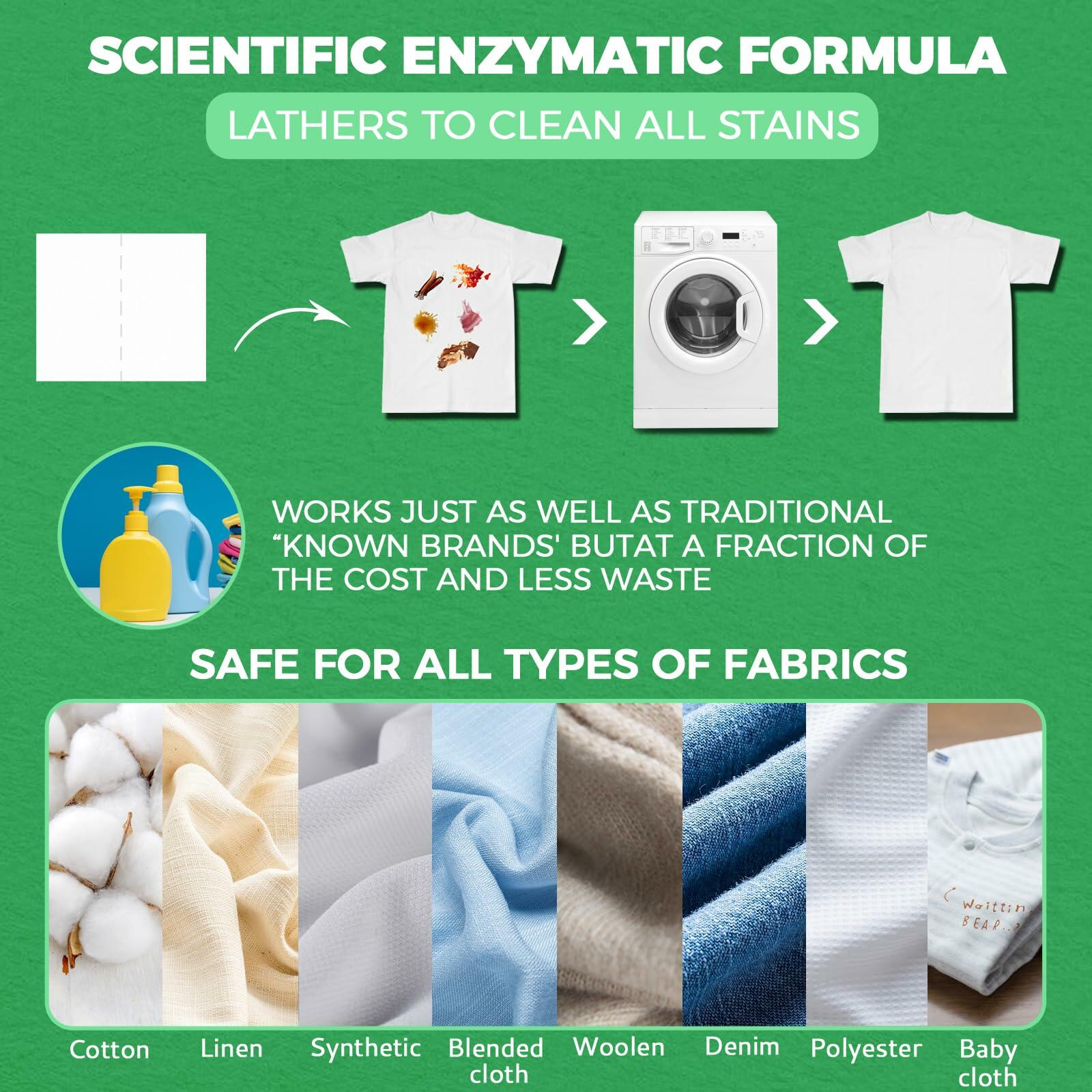 Laundry detergent sheets infographic showing stain-cleaning enzymes and fabric-safe use