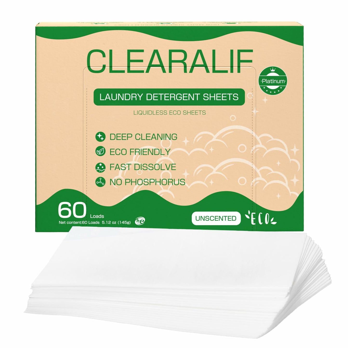 Laundry detergent sheets box, unscented eco-friendly, 60 loads and white sheet stack