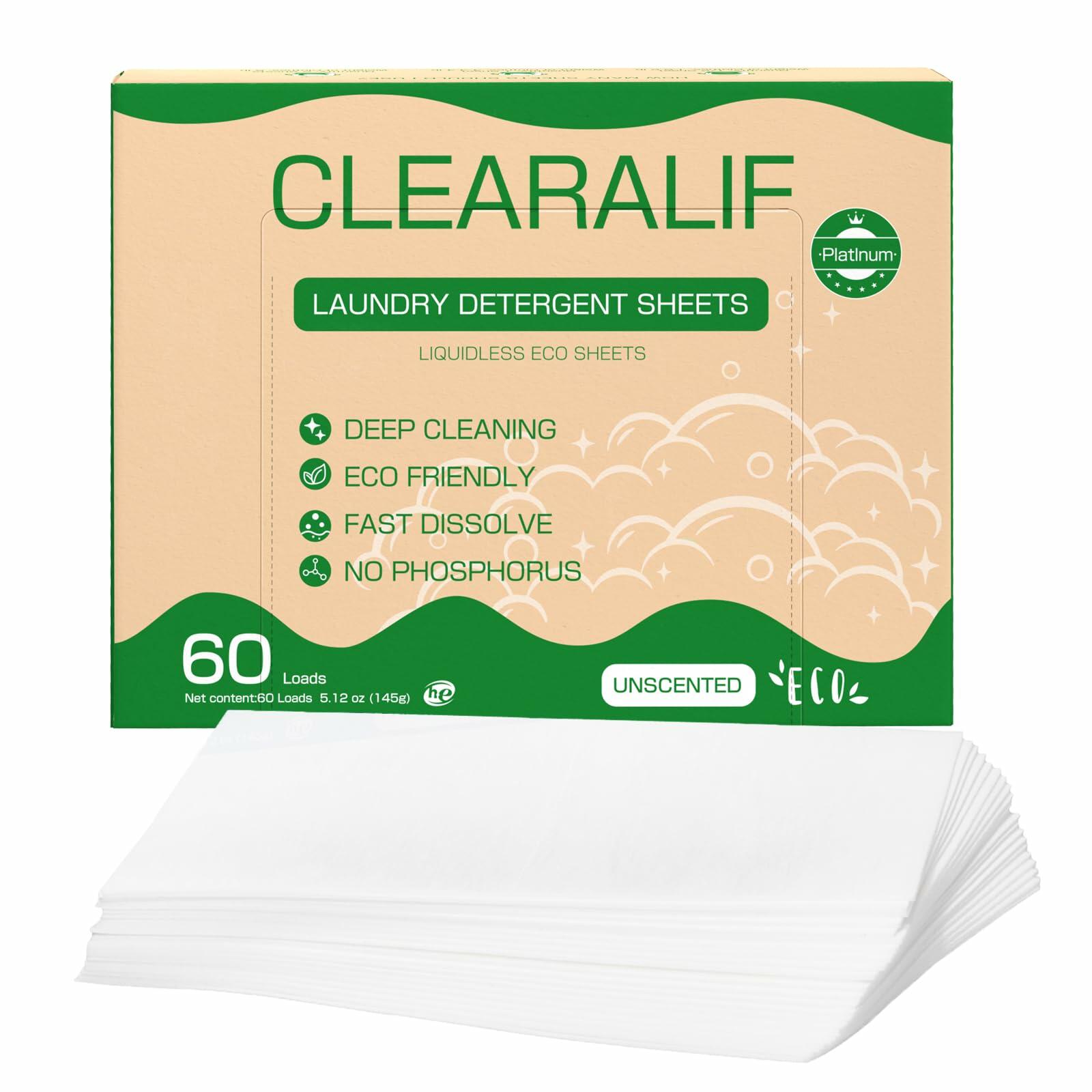 Laundry detergent sheets box, unscented eco-friendly, 60 loads and white sheet stack