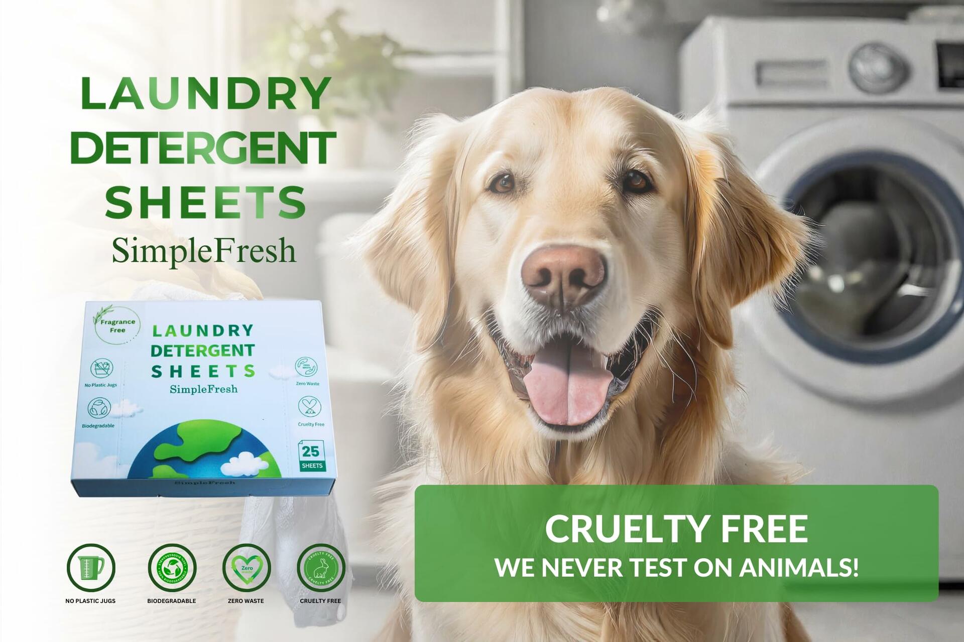 Laundry detergent sheets box beside a golden retriever; SimpleFresh, 25 sheets