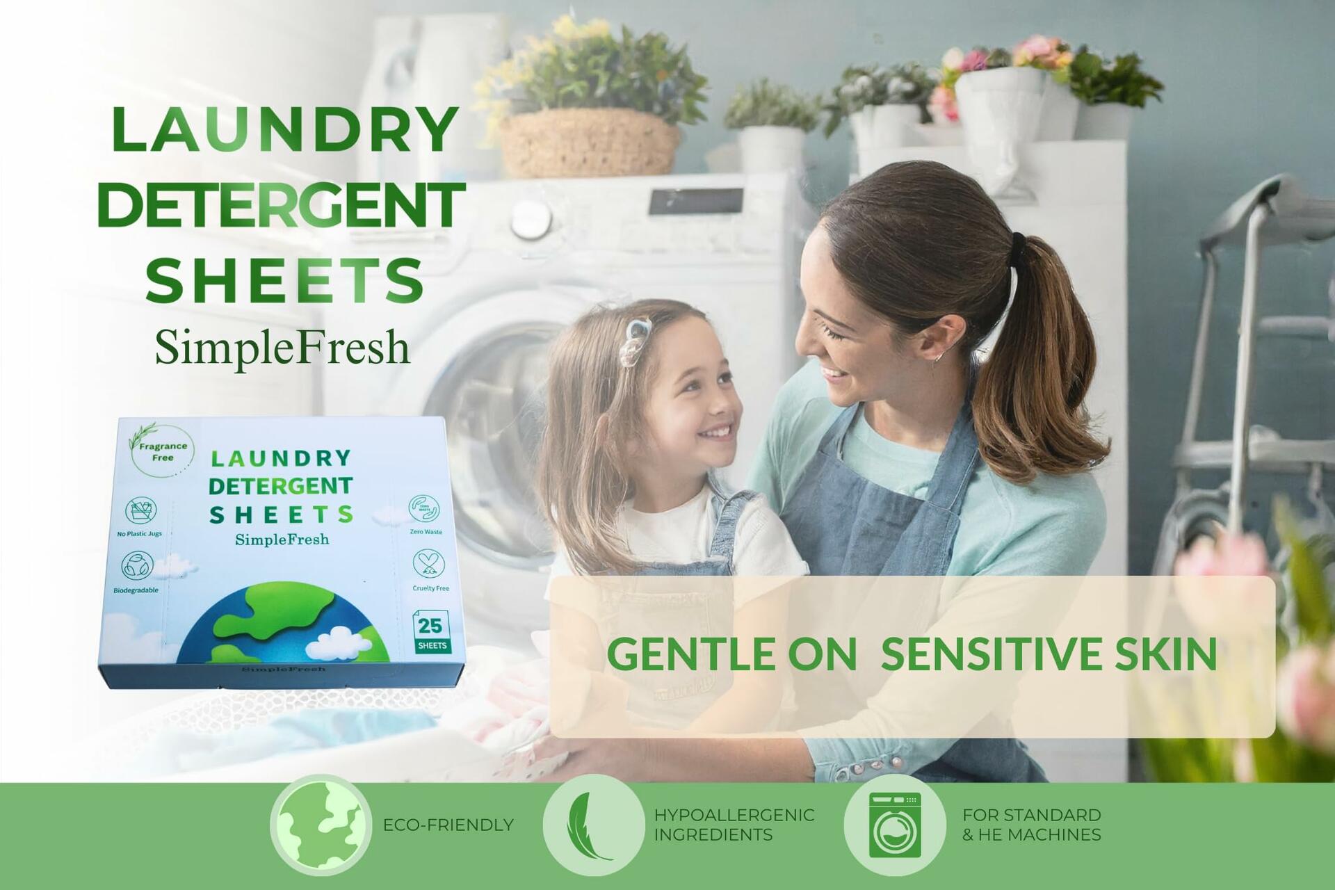 Laundry detergent sheets box with family in laundry room, sensitive-skin message