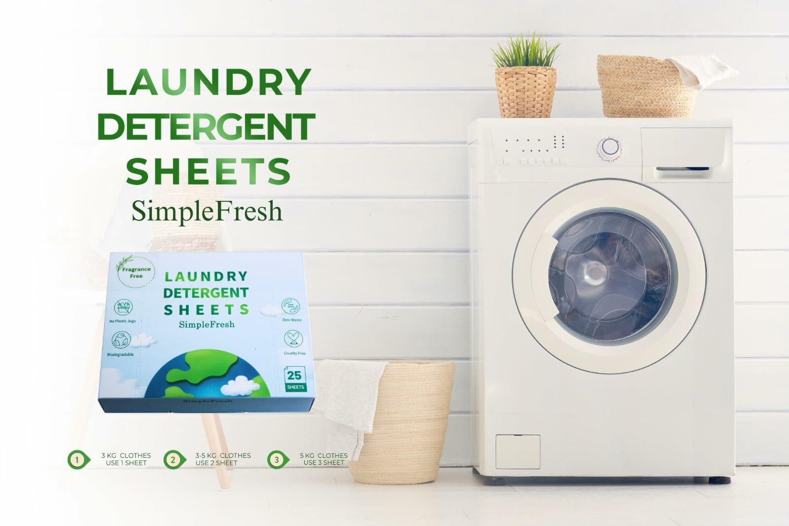 Laundry detergent sheets box next to front-loading washing machine