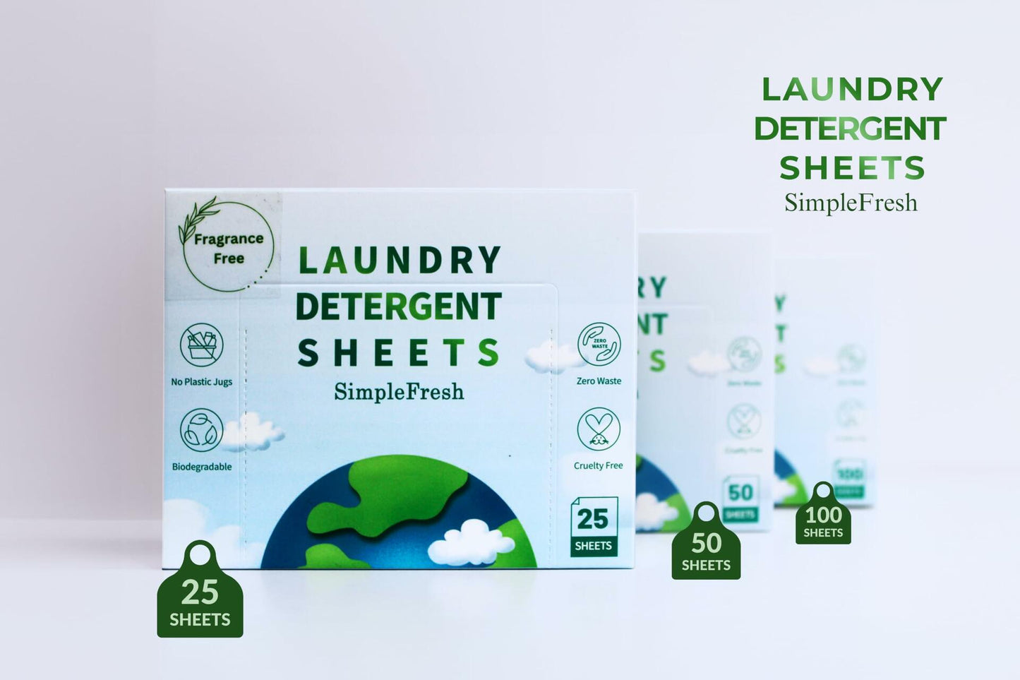 Laundry detergent sheets box, SimpleFresh, 25 sheets; fragrance-free, zero waste
